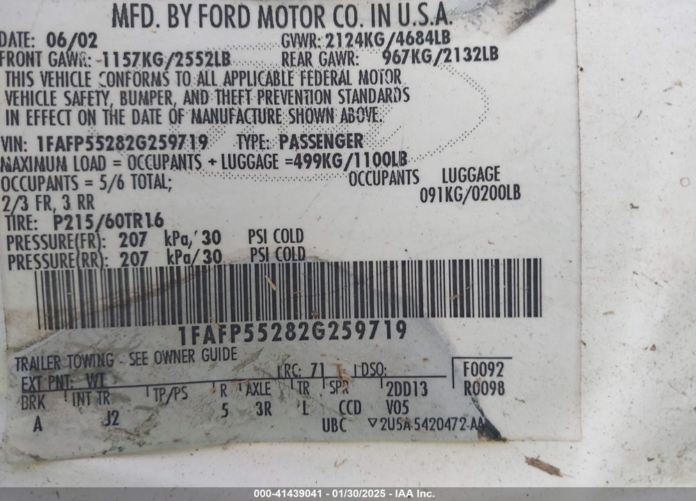 2002 FORD TAURUS SES VIN: 1FAFP55282G259719