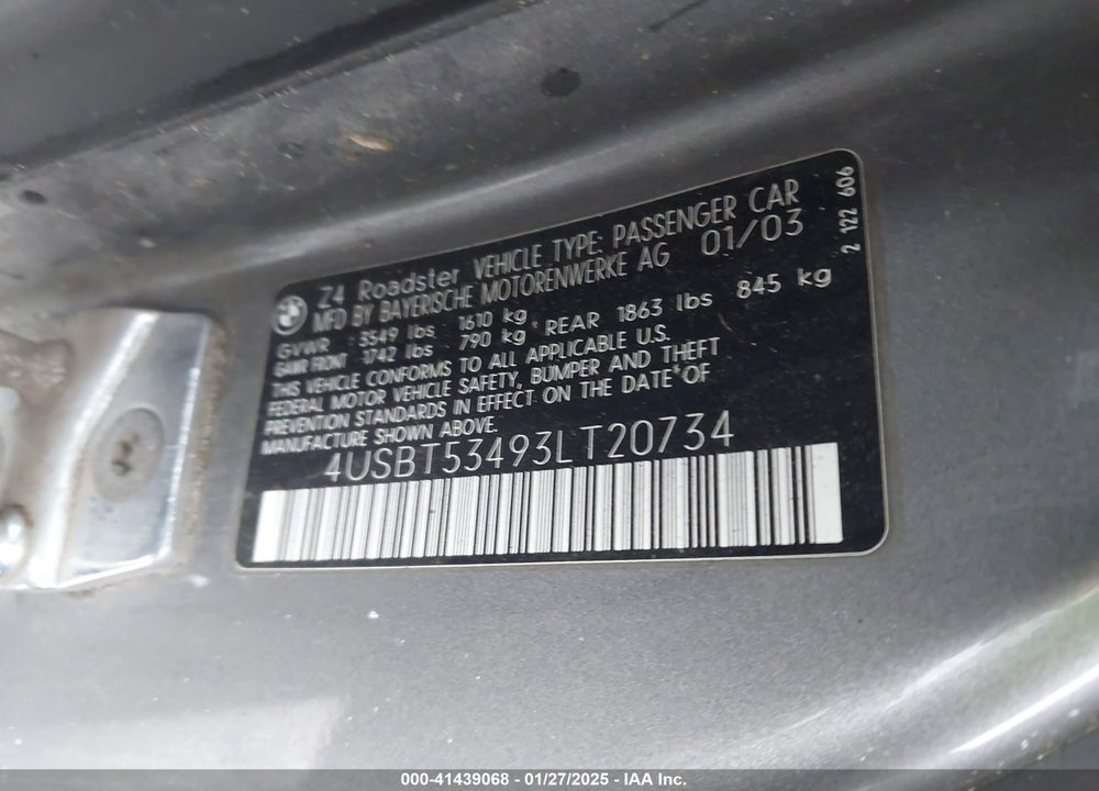 2003 BMW Z4 3.0I VIN: 4USBT53493LT20734