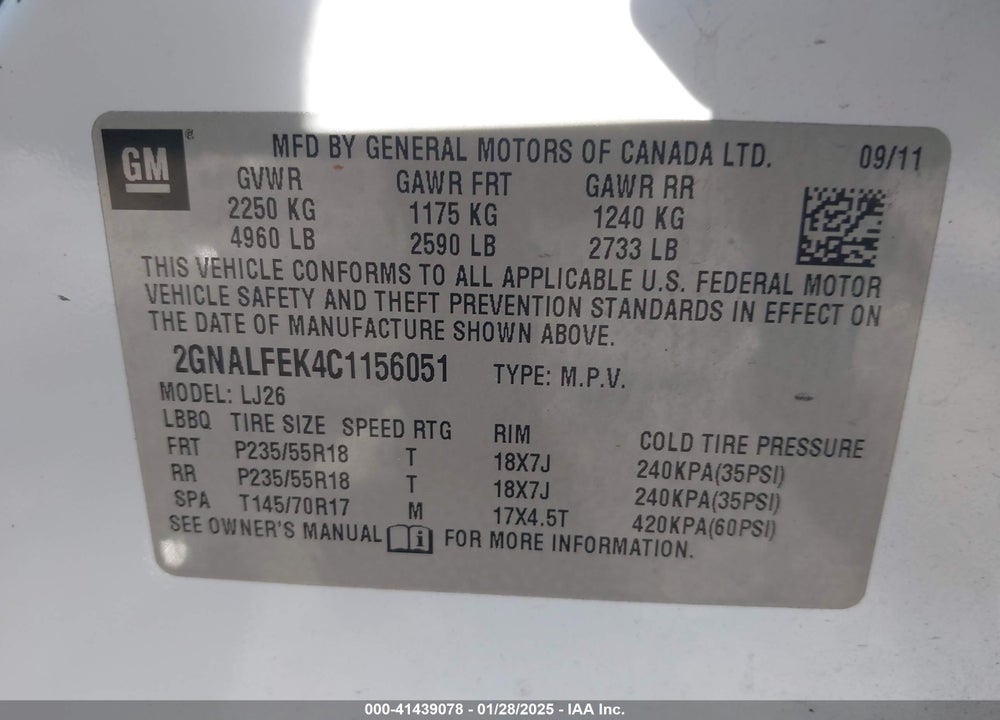 2012 CHEVROLET EQUINOX LTZ VIN: 2GNALSEK4C1156051