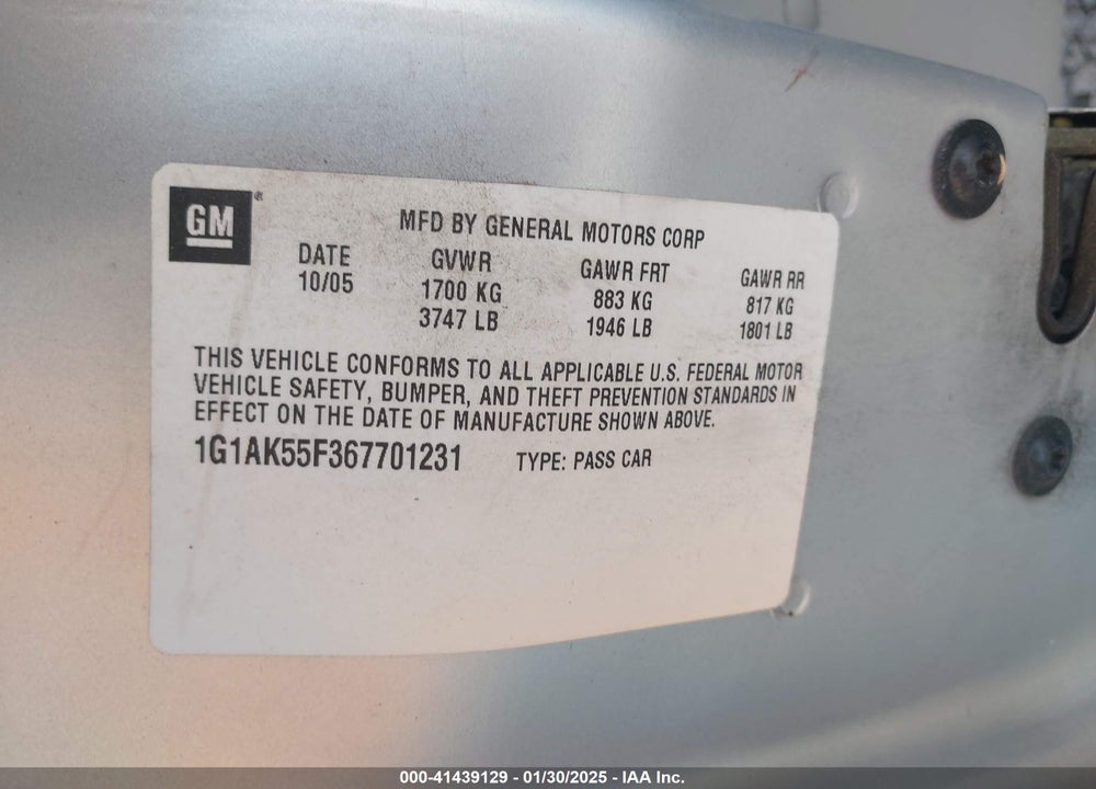 2006 CHEVROLET COBALT LS VIN: 1G1AK55F367701231