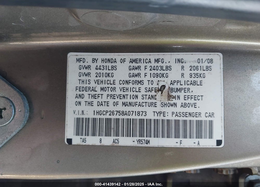 2008 HONDA ACCORD 2.4 EX VIN: 1HGCP26758A071873