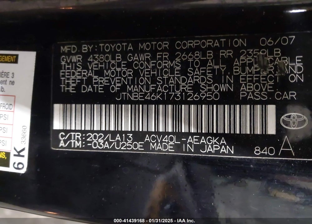2007 TOYOTA CAMRY XLE VIN: JTNBE46K173126950