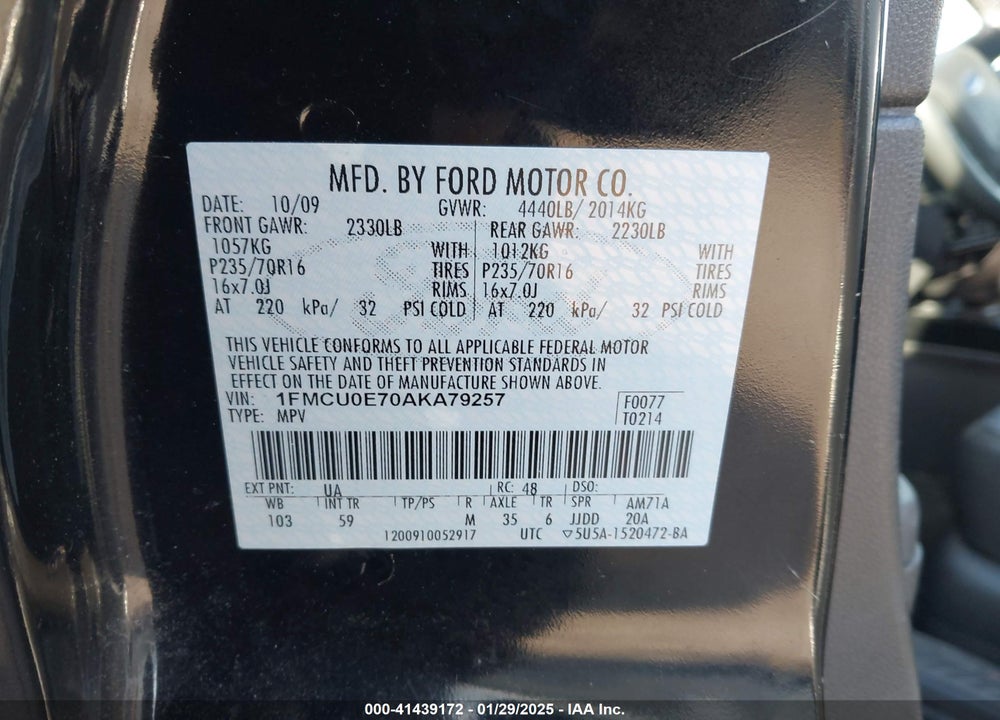 2010 FORD ESCAPE LIMITED VIN: 1FMCU0E70AKA79257