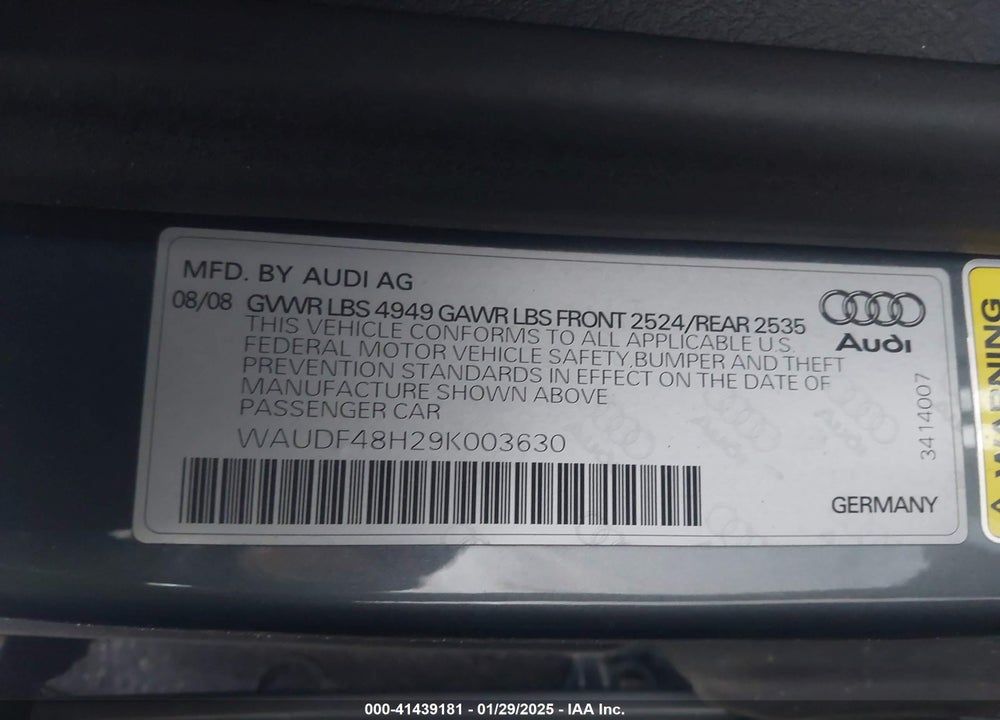 2009 AUDI A4 VIN: WAUDF48H29K003630