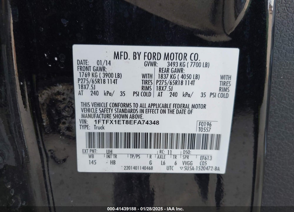 2014 FORD F-150 LARIAT VIN: 1FTFX1ET8EFA74348