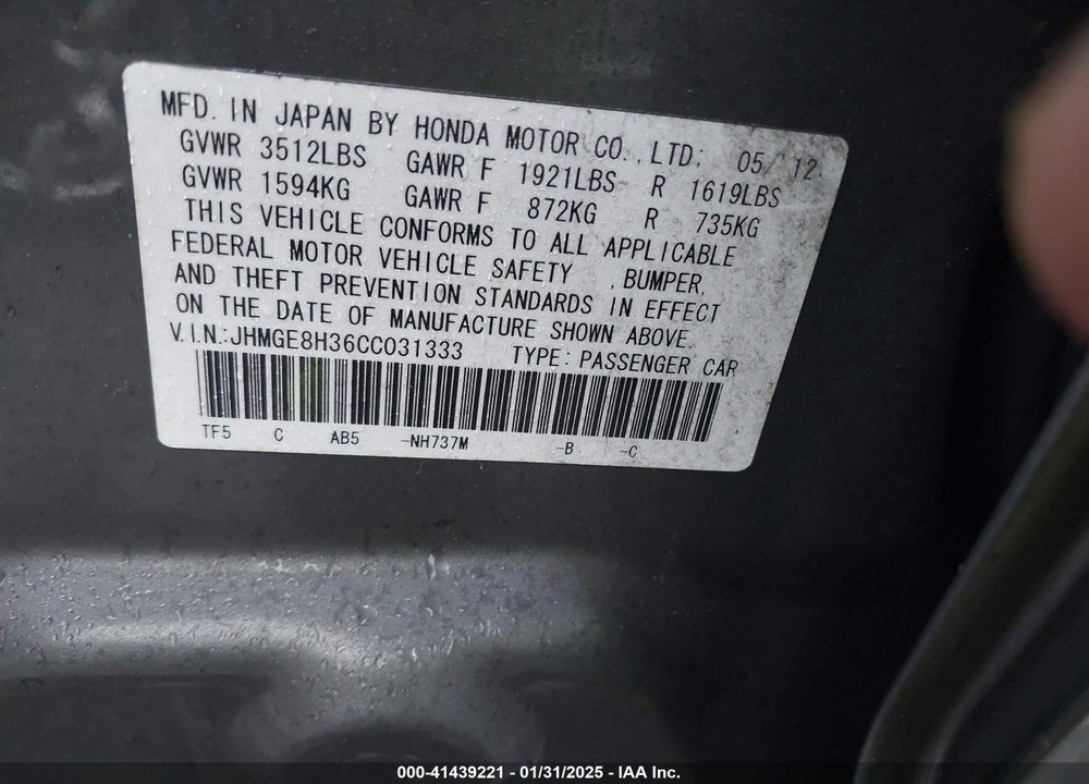 2012 HONDA FIT VIN: JHMGE8H36CC031333