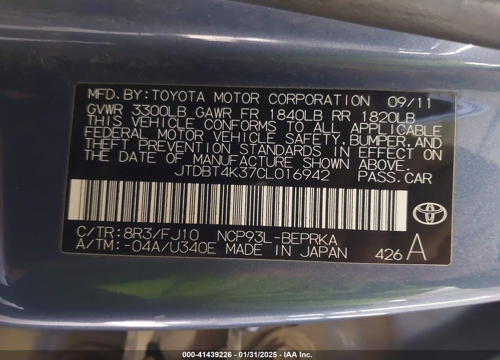 2012 TOYOTA YARIS BASE (A4) VIN: JTDBT4K37CL016942