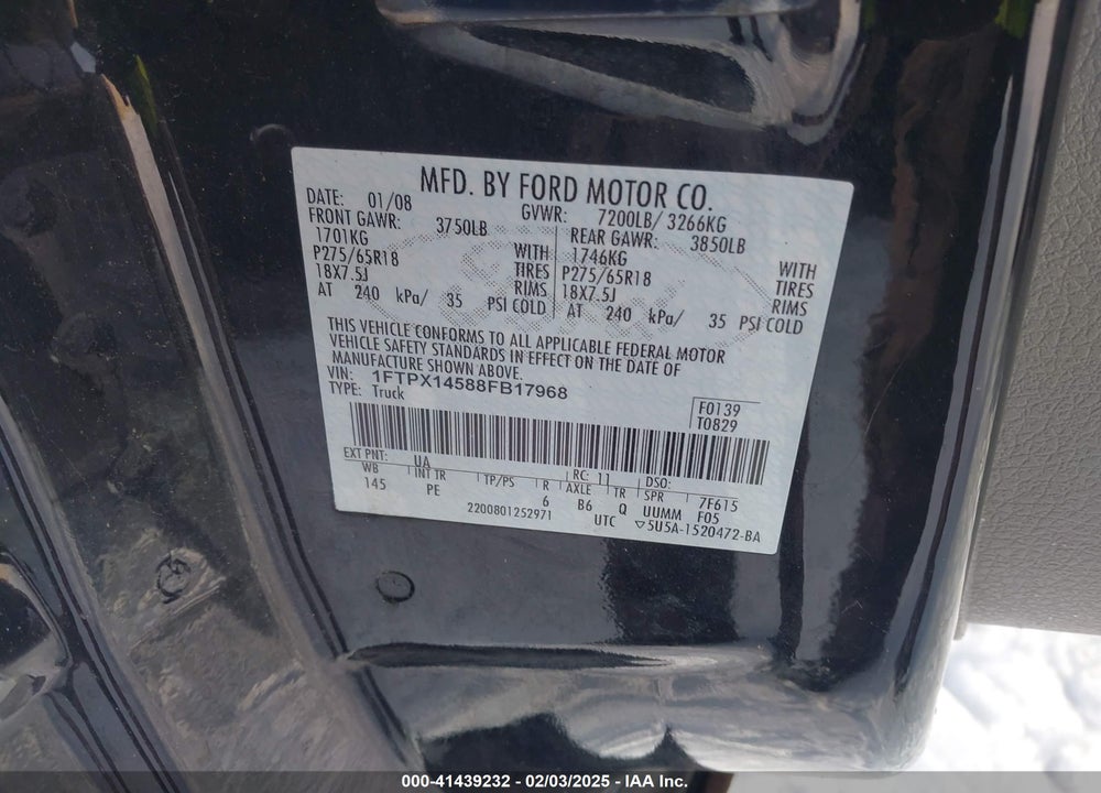 2008 FORD F-150 VIN: 1FTPX14588FB17968