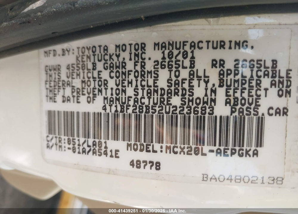 2002 TOYOTA AVALON XLS VIN: 4T1BF28B52U223683