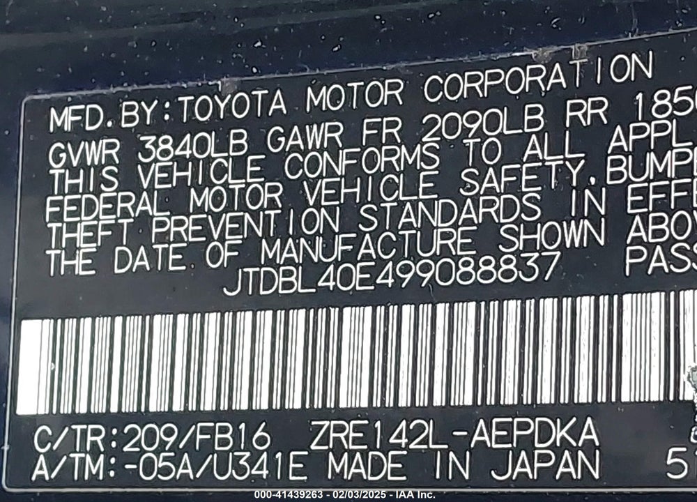 2009 TOYOTA COROLLA LE VIN: JTDBL40E499088837
