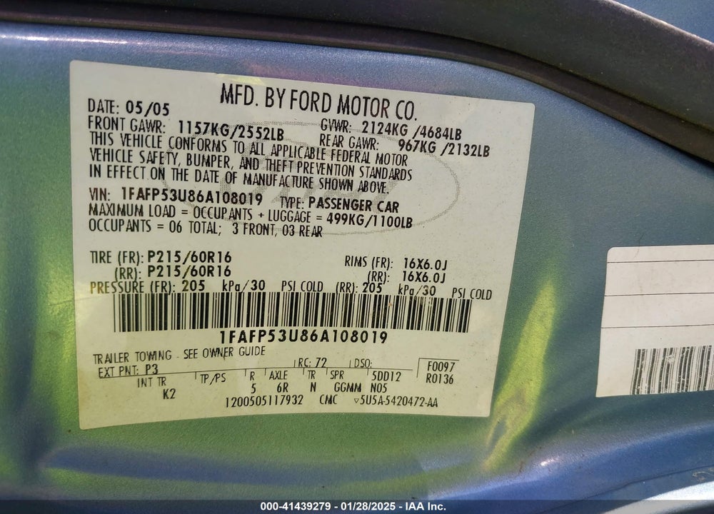 2006 FORD TAURUS VIN: 1FAFP53U86A108019