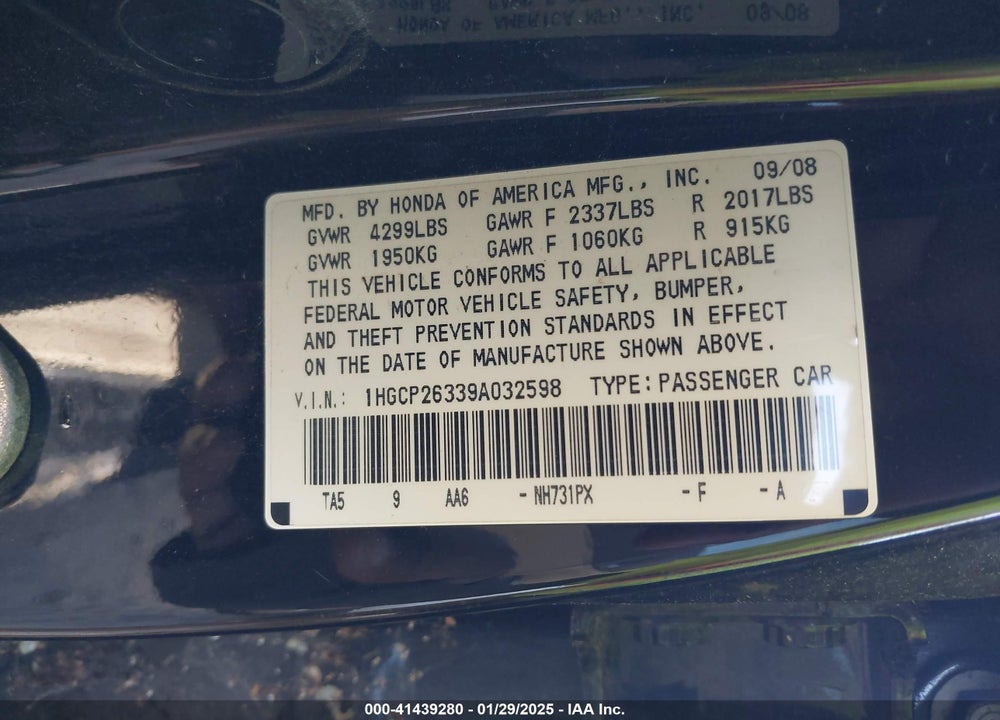 2009 HONDA ACCORD VIN: 1HGCP26339A032598