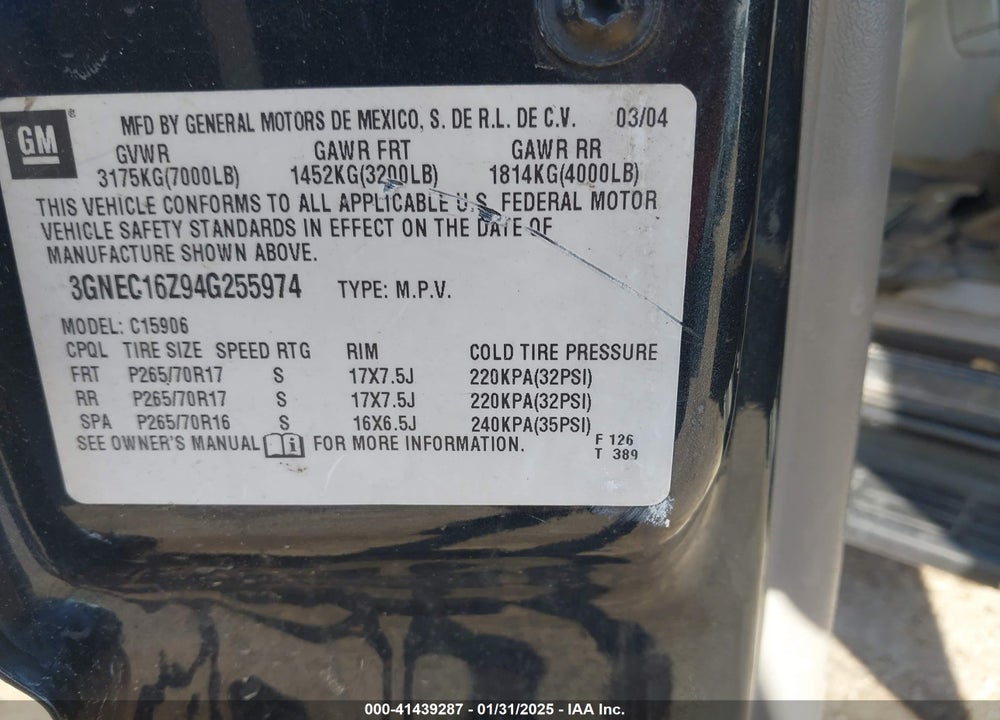 2004 CHEVROLET SUBURBAN 1500 LS VIN: 3GNEC16Z94G255974