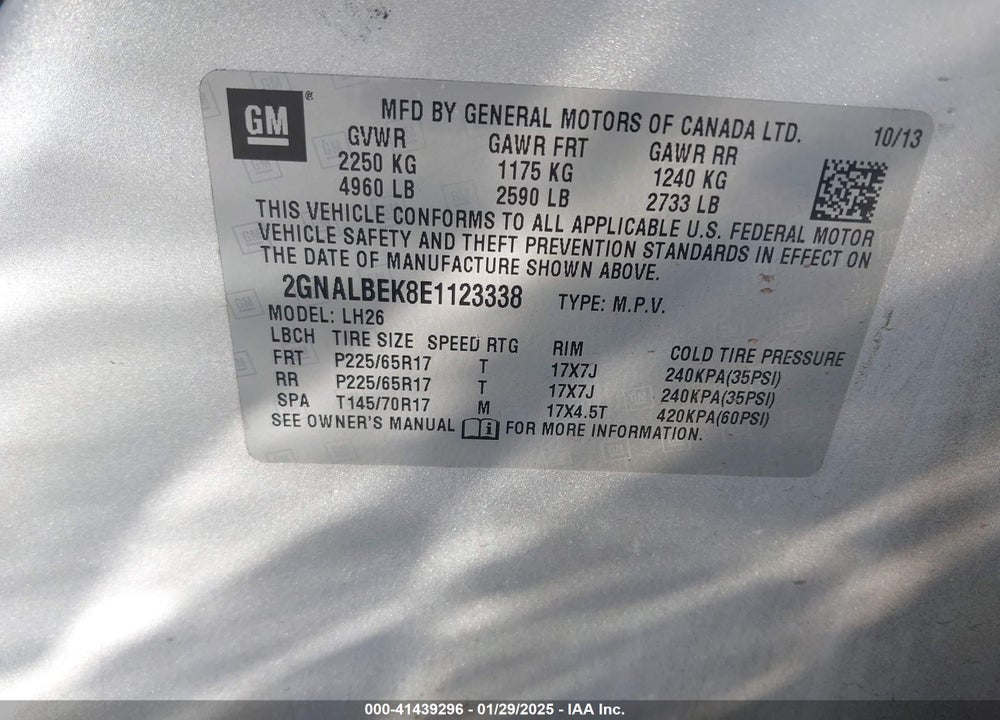 2014 CHEVROLET EQUINOX 1LT VIN: 2GNALBEK8E1123338