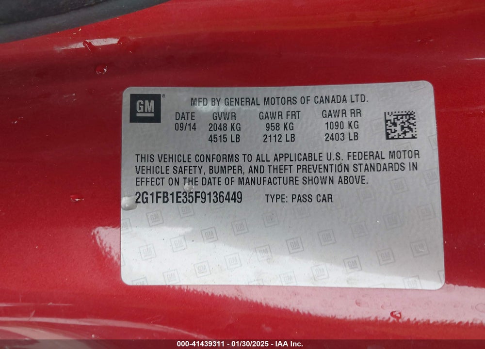 2015 CHEVROLET CAMARO 2LS VIN: 2G1FB1E35F9136449