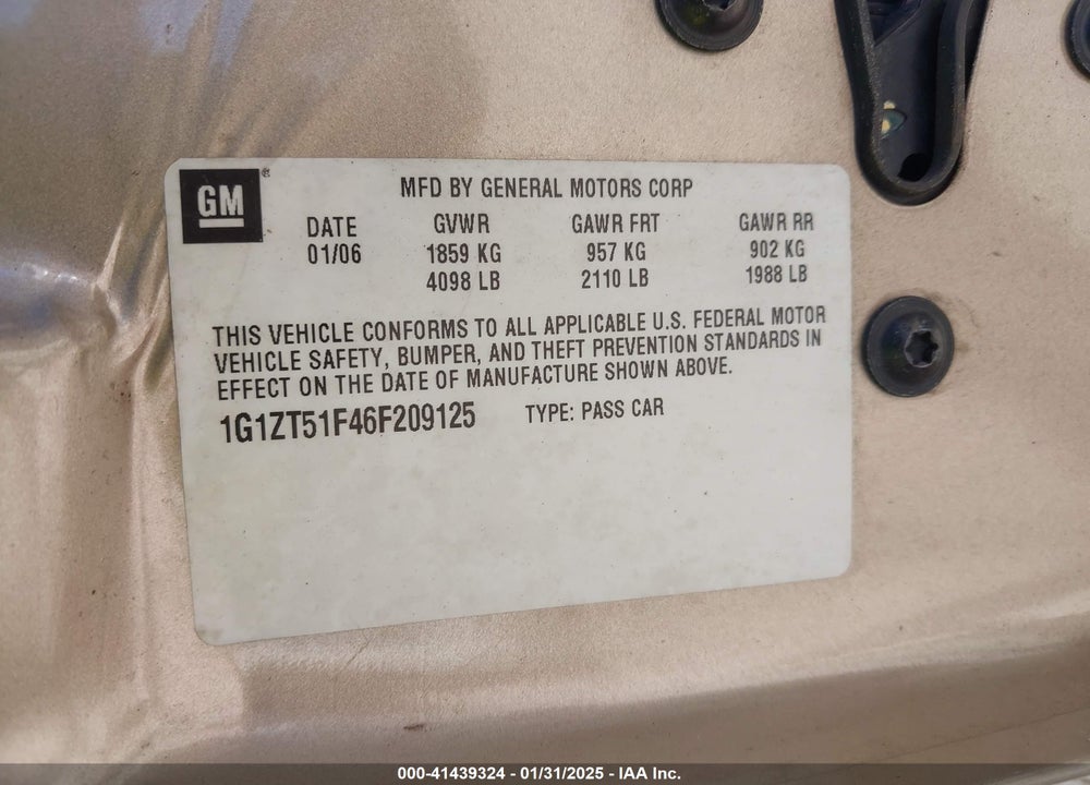 2006 CHEVROLET MALIBU VIN: 1G1ZT51F46F209125