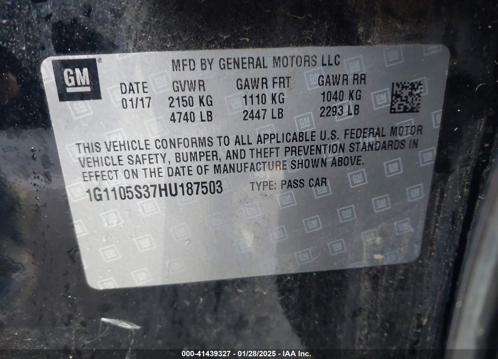 2017 CHEVROLET IMPALA VIN: 1G1105S37HU187503