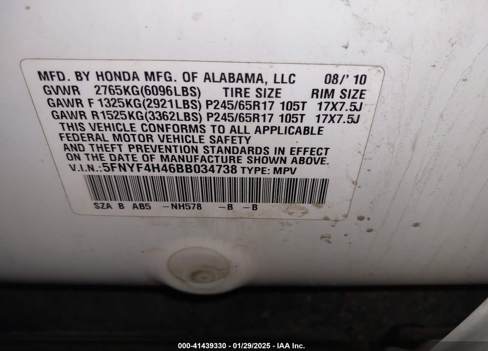 2011 HONDA PILOT EX VIN: 5FNYF4H46BB034738