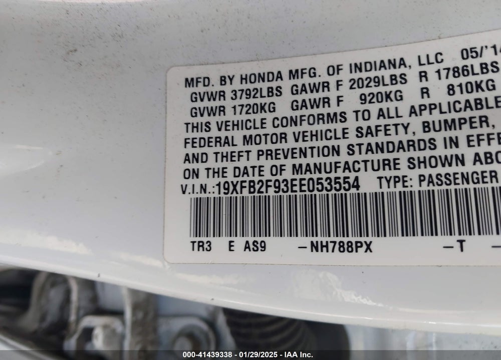 2014 HONDA CIVIC VIN: 19XFB2F93EE053554