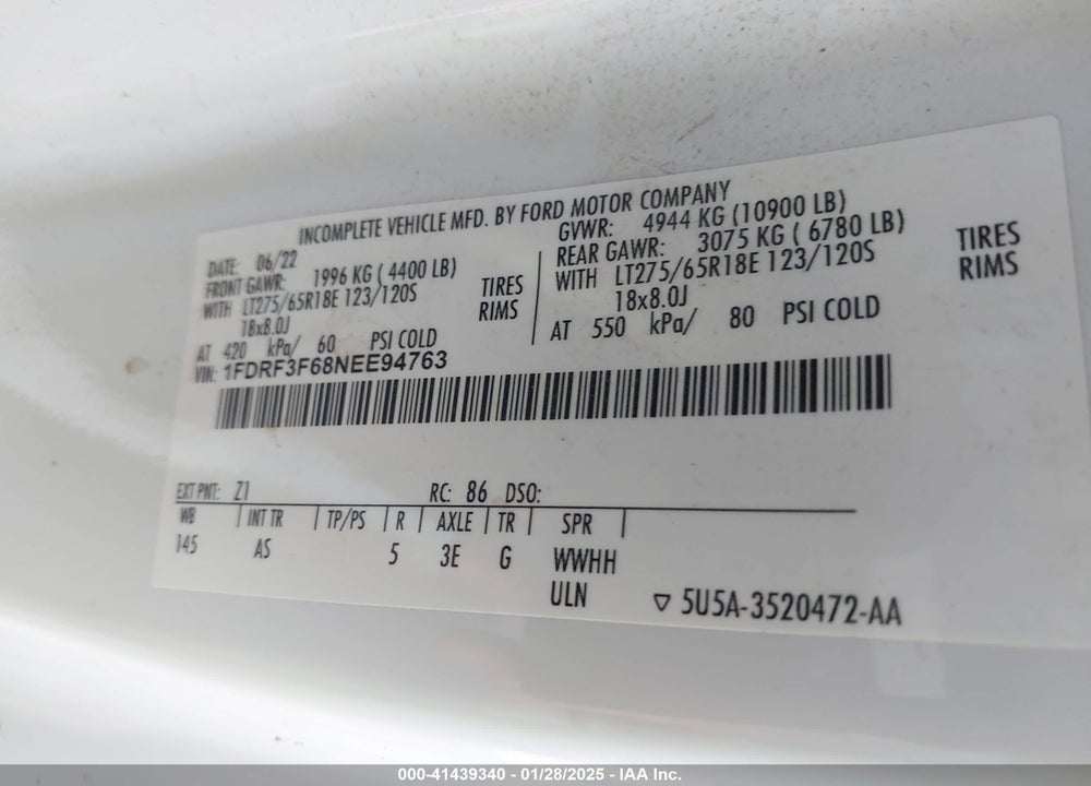 2022 FORD F-350 CHASSIS XL VIN: 1FDRF3F68NEE94763