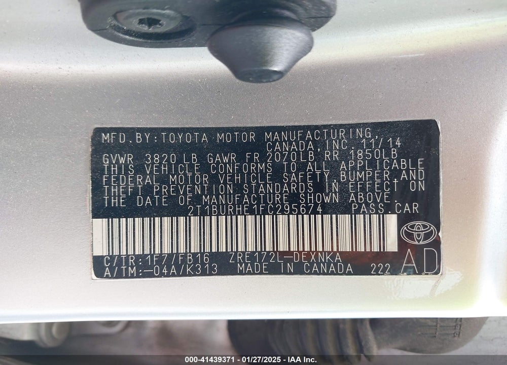 2015 TOYOTA COROLLA VIN: 2T1BURHE1FC295674