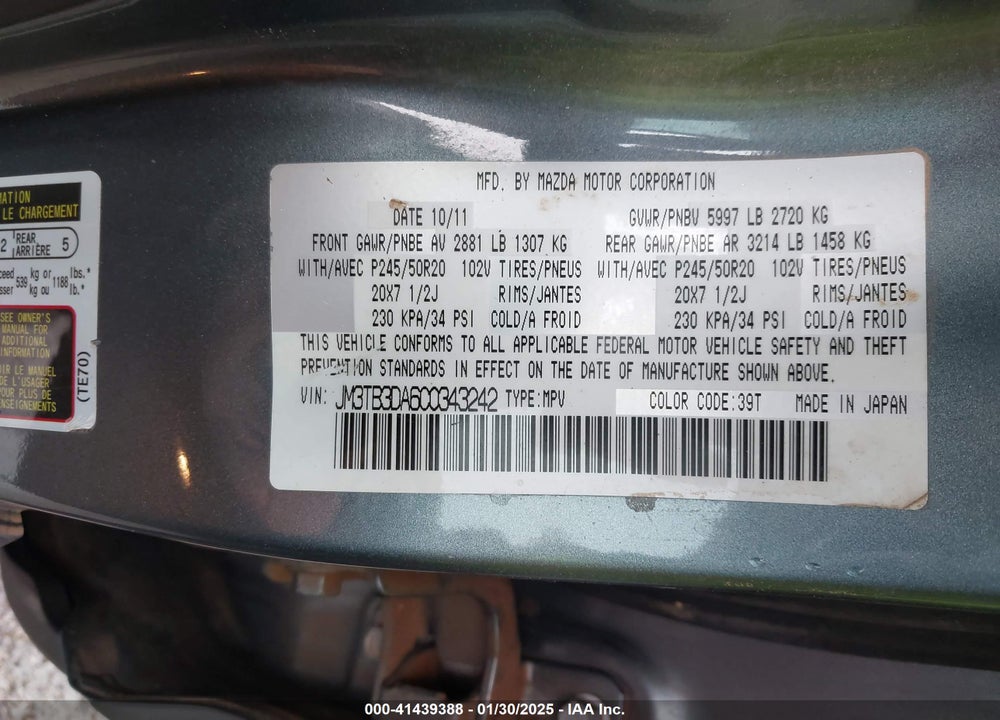 2012 MAZDA CX-9 GRAND TOURING VIN: JM3TB3DA6C0343242