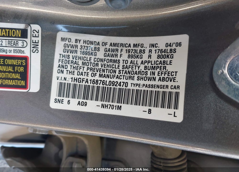 2006 HONDA CIVIC EX VIN: 1HGFA16876L092470