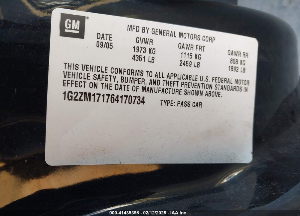 2006 PONTIAC G6 GTP VIN: 1G2ZM171764170734