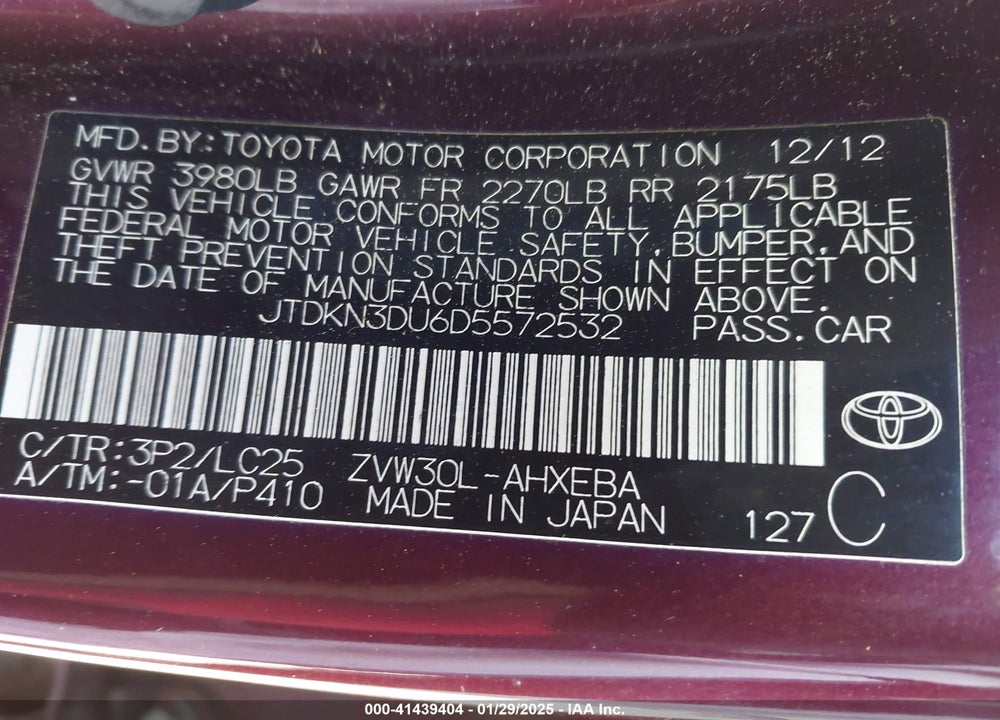 2013 TOYOTA PRIUS VIN: JTDKN3DU6D5572532