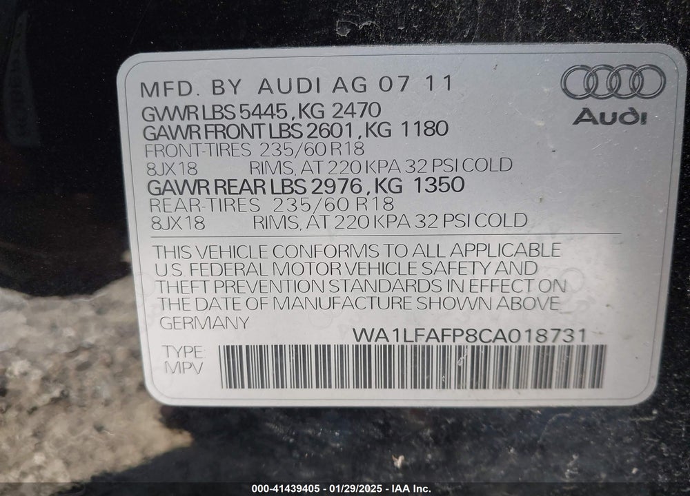 2012 AUDI Q5 2.0T PREMIUM VIN: WA1LFAFP8CA018731
