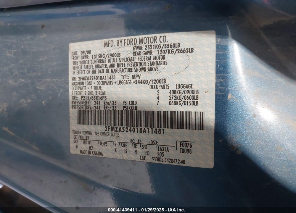 2001 FORD WINDSTAR SE VIN: 2FMZA52401BA11481