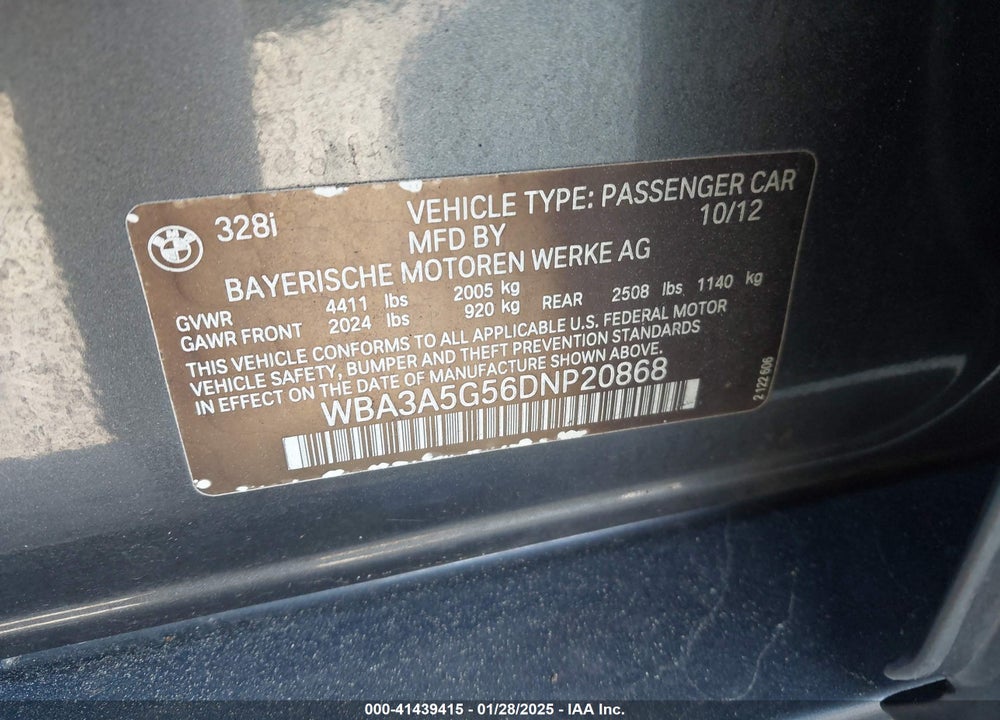 2013 BMW 328I VIN: WBA3A5G56DNP20868