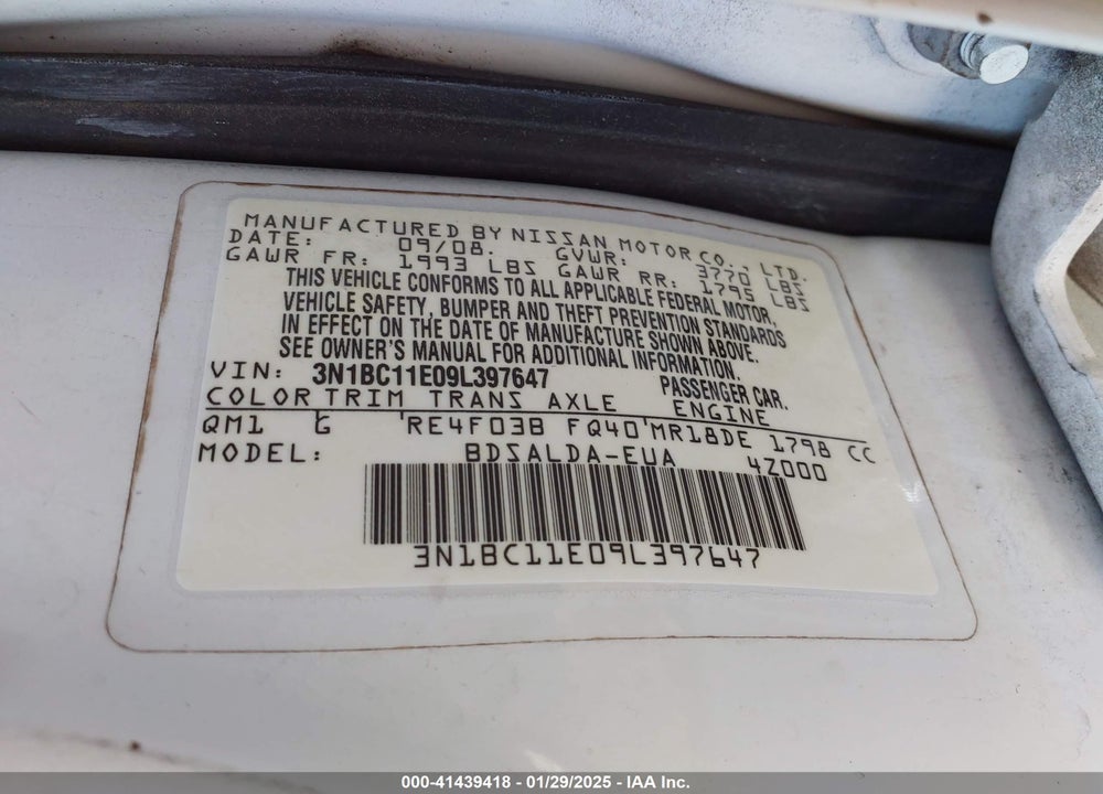 2009 NISSAN VERSA VIN: 3N1BC11E09L397647