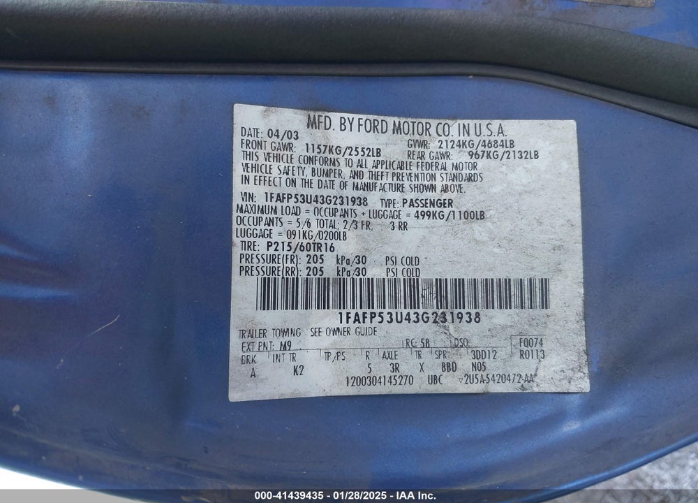 2003 FORD TAURUS SE VIN: 1FAFP53U43G231938