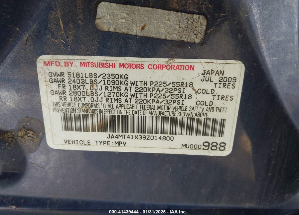2009 MITSUBISHI OUTLANDER XLS VIN: JA4MT41X39Z014800