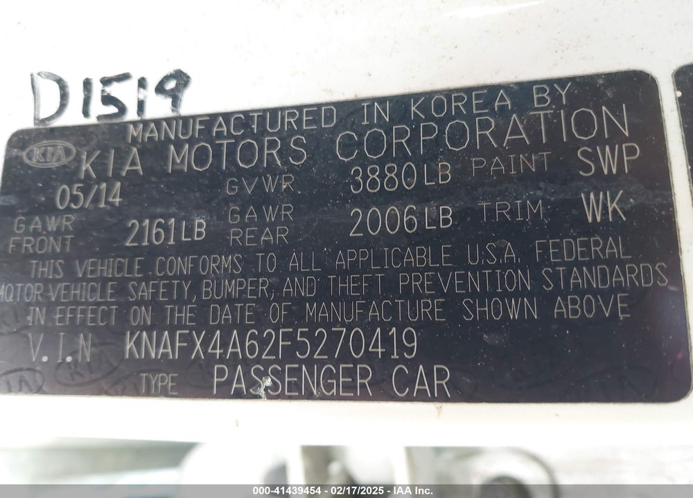 2015 KIA FORTE VIN: KNAFX4A62F5270419