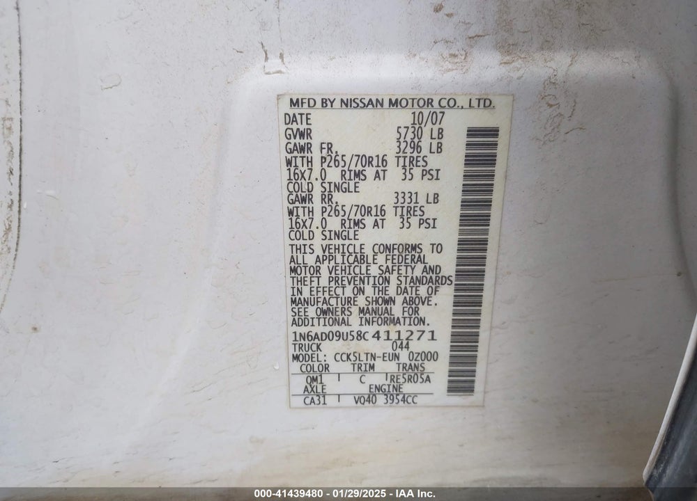 2008 NISSAN FRONTIER VIN: 1N6AD09U58C411271