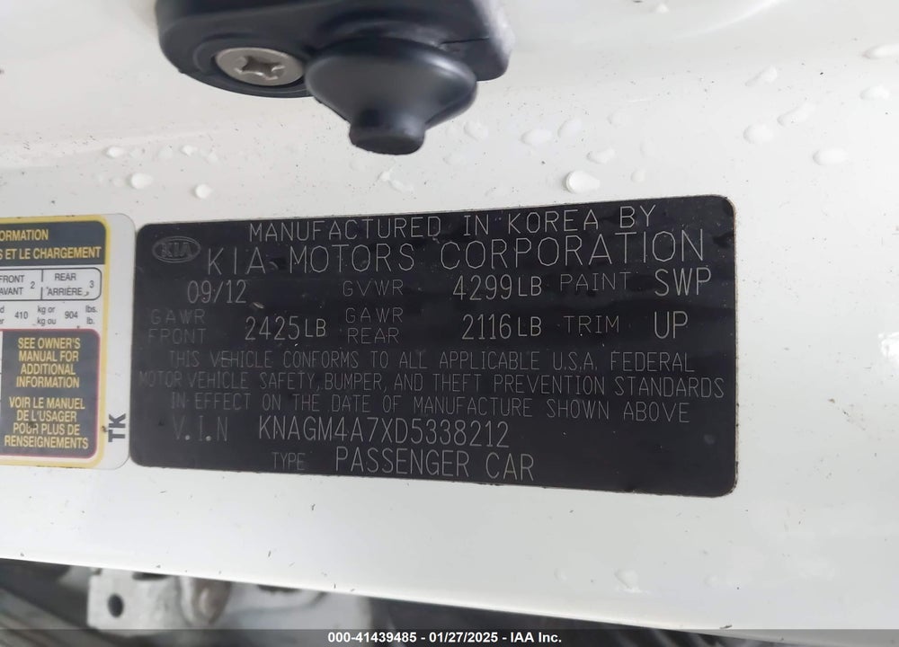 2013 KIA OPTIMA VIN: KNAGM4A7XD5338212