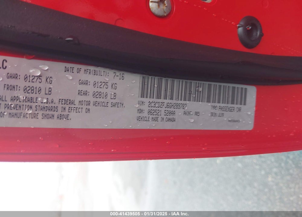 2016 DODGE CHALLENGER VIN: 2C3CDZFJ6GH289787