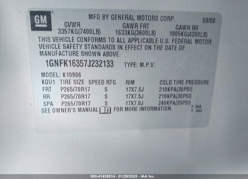 2007 CHEVROLET SUBURBAN 1500 LT VIN: 1GNFK16357J232133