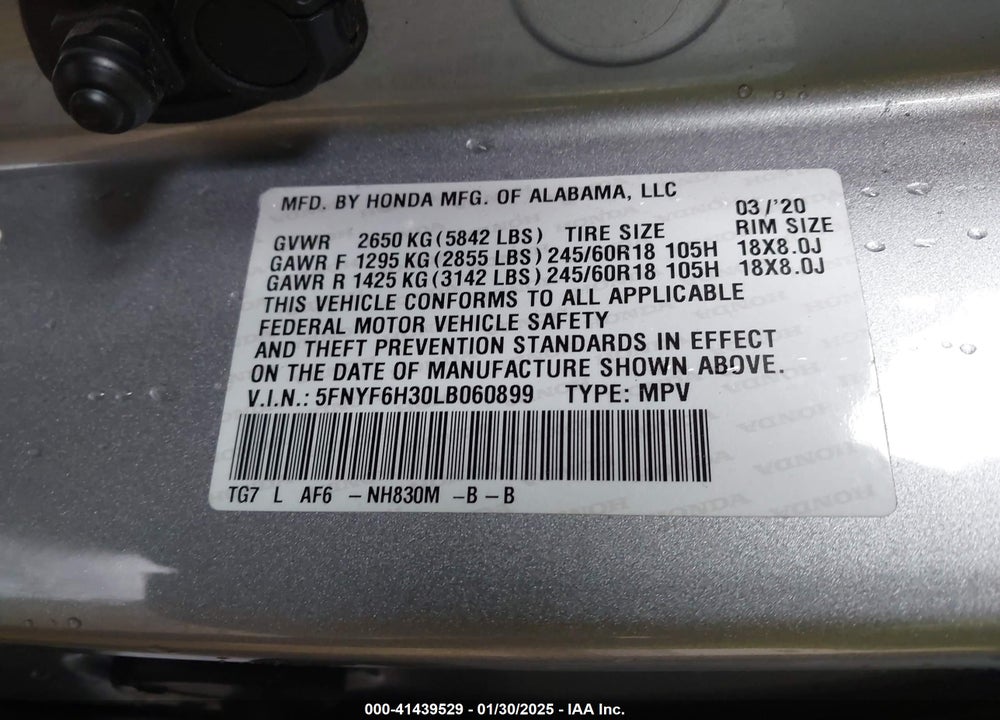 2020 HONDA PILOT AWD EX VIN: 5FNYF6H30LB060899