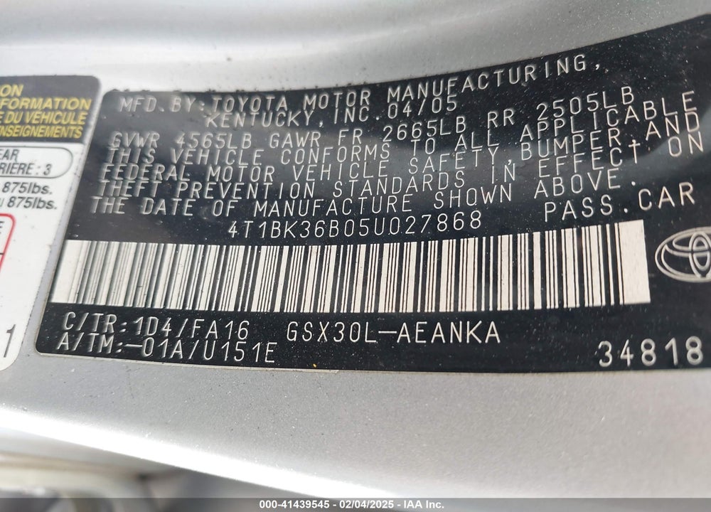 2005 TOYOTA AVALON XL VIN: 4T1BK36B05U027868