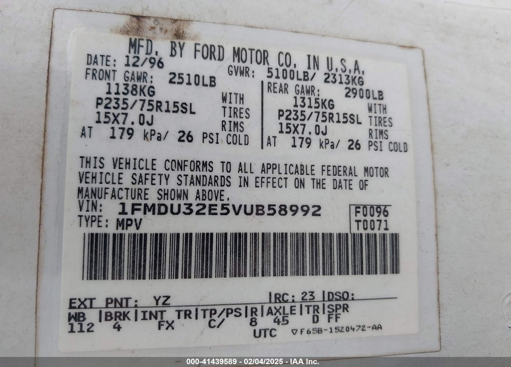 1997 FORD EXPLORER VIN: 1FMDU32E5VUB58992