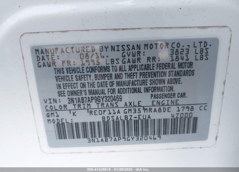 2016 NISSAN SENTRA VIN: 3N1AB7AP9GY320469