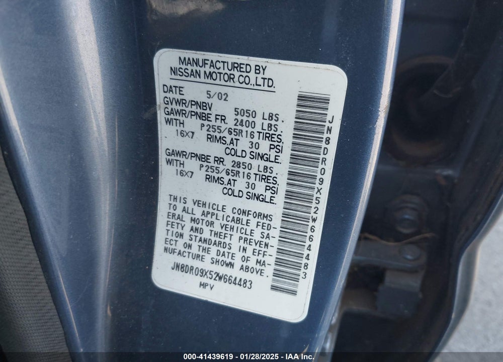 2002 NISSAN PATHFINDER SE VIN: JN8DR09X52W664483