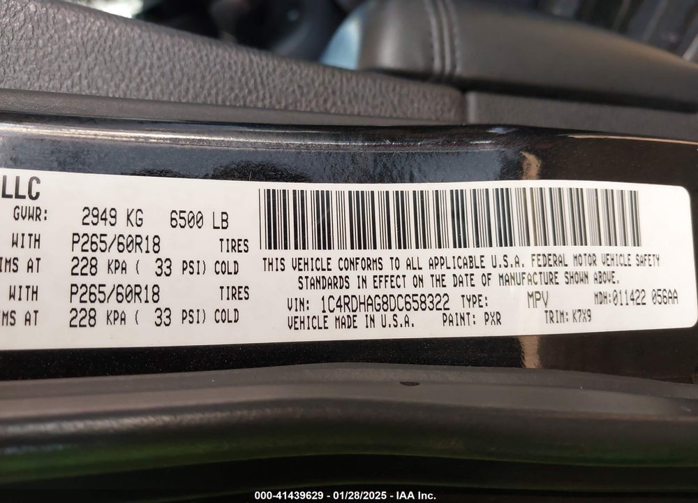 2013 DODGE DURANGO VIN: 1C4RDHAG8DC658322