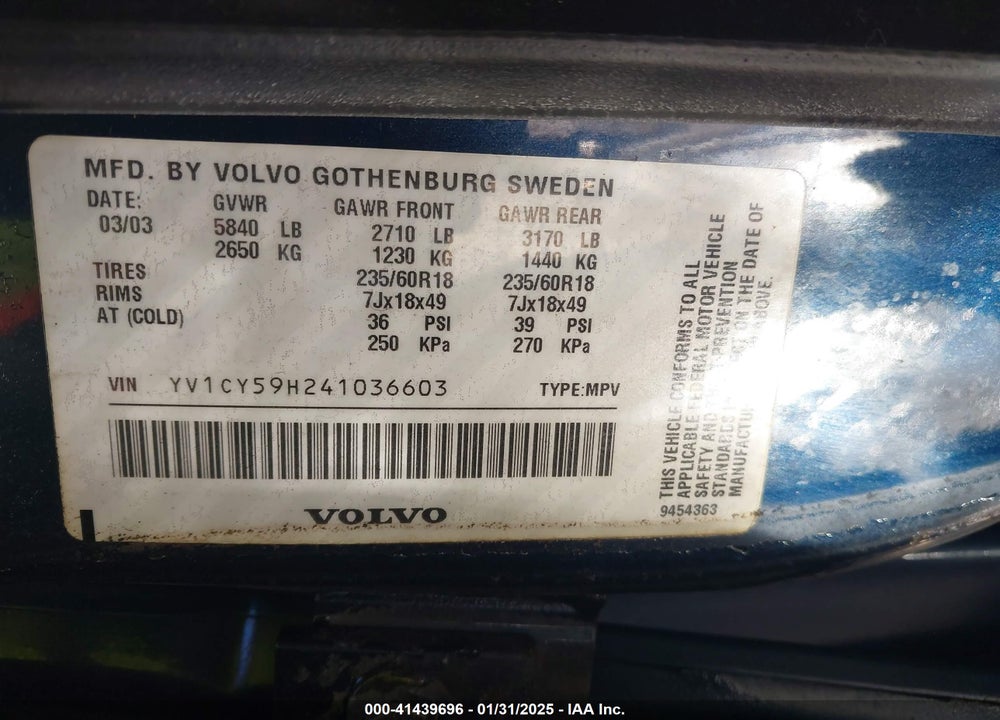 2004 VOLVO XC90 2.5T VIN: YV1CY59H241036603