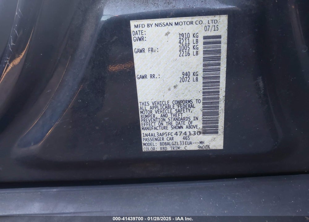 2015 NISSAN ALTIMA 2.5 S VIN: 1N4AL3AP5FC474130