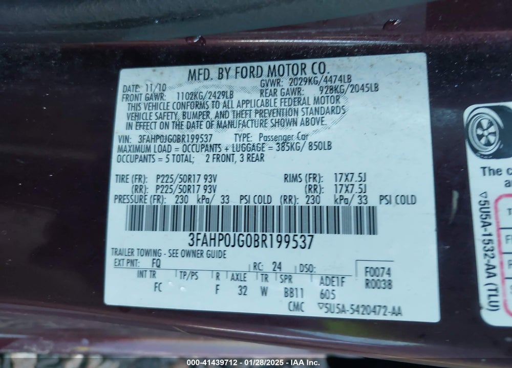 2011 FORD FUSION SEL VIN: 3FAHP0JG0BR199537