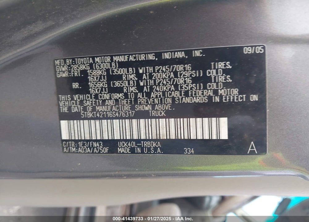 2006 TOYOTA TUNDRA VIN: 5TBKT42116S476317